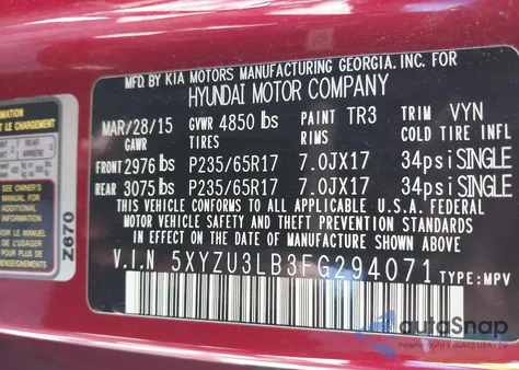 2015 Hyundai Santa Fe Sport 2.4L z USA, uszkodzony, nr VIN 5XYZU3LB3FG294071